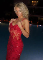 Beautiful Spaghetti Straps Birthday Party Dress Red Lace Classy Prom Dress