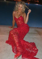 Beautiful Spaghetti Straps Birthday Party Dress Red Lace Classy Prom Dress