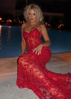 Beautiful Spaghetti Straps Birthday Party Dress Red Lace Classy Prom Dress