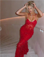 Beautiful Spaghetti Straps Birthday Party Dress Red Lace Classy Prom Dress