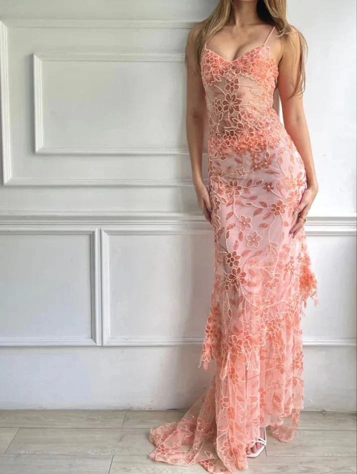 Beautiful Spaghetti Straps Birthday Party Dress Red Lace Classy Prom Dress