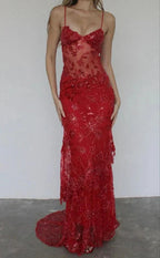 Beautiful Spaghetti Straps Birthday Party Dress Red Lace Classy Prom Dress