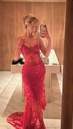 Beautiful Spaghetti Straps Birthday Party Dress Red Lace Classy Prom Dress