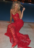 Beautiful Spaghetti Straps Birthday Party Dress Red Lace Classy Prom Dress