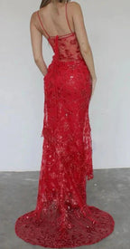 Beautiful Spaghetti Straps Birthday Party Dress Red Lace Classy Prom Dress