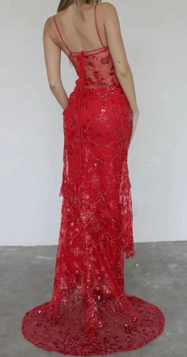 Beautiful Spaghetti Straps Birthday Party Dress Red Lace Classy Prom Dress