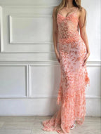Beautiful Spaghetti Straps Birthday Party Dress Red Lace Classy Prom Dress