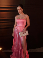 Classic Pink A-Line Strapless Side Slit Long Party Classy Prom Dress