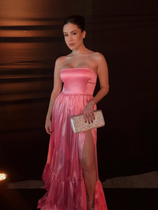 Classic Pink A-Line Strapless Side Slit Long Party Classy Prom Dress