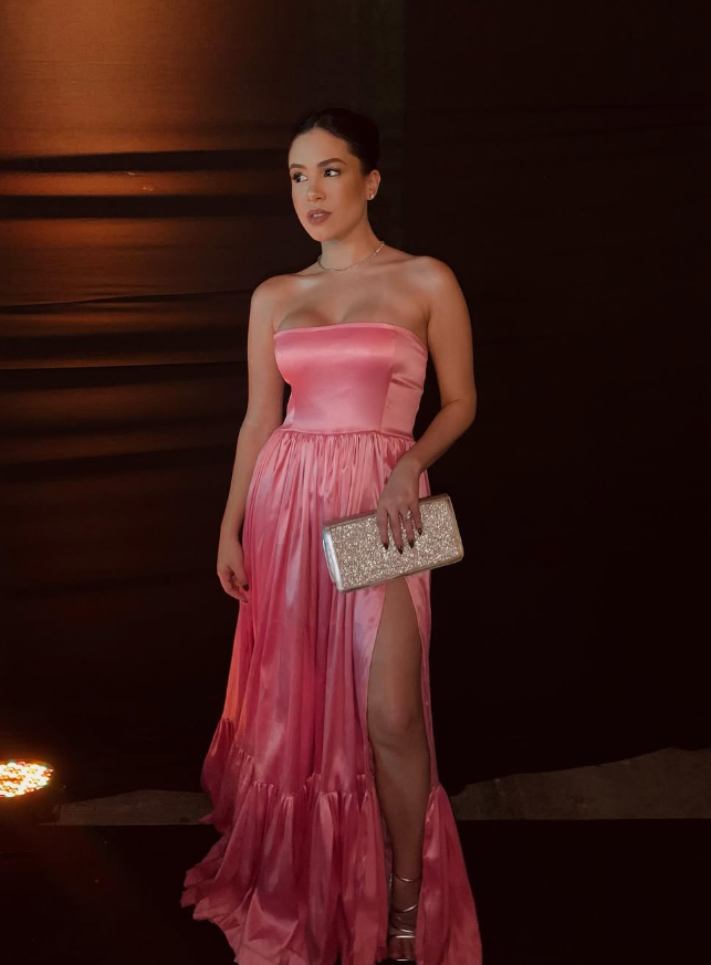 Classic Pink A-Line Strapless Side Slit Long Party Classy Prom Dress