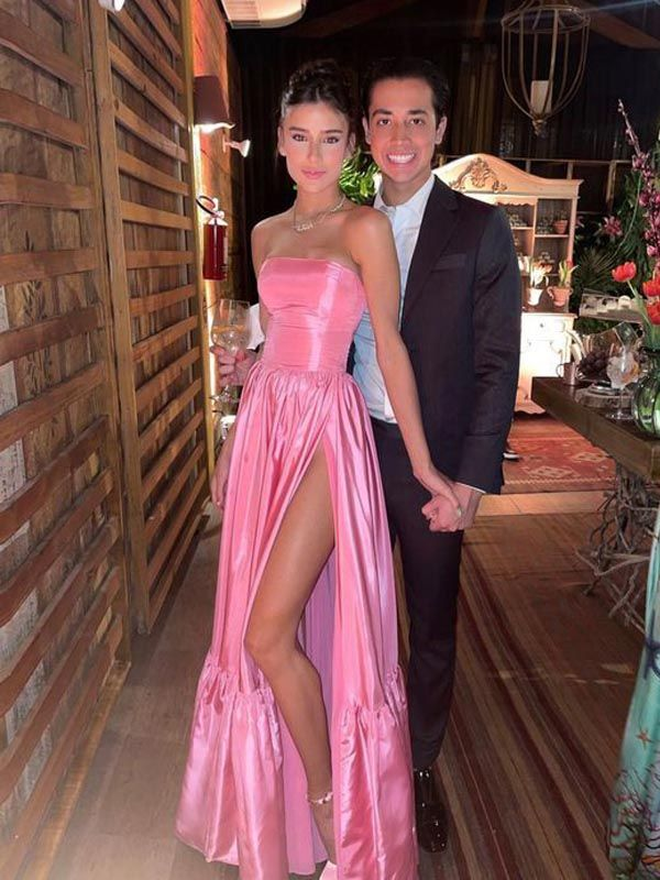 Classic Pink A-Line Strapless Side Slit Long Party Classy Prom Dress Main image