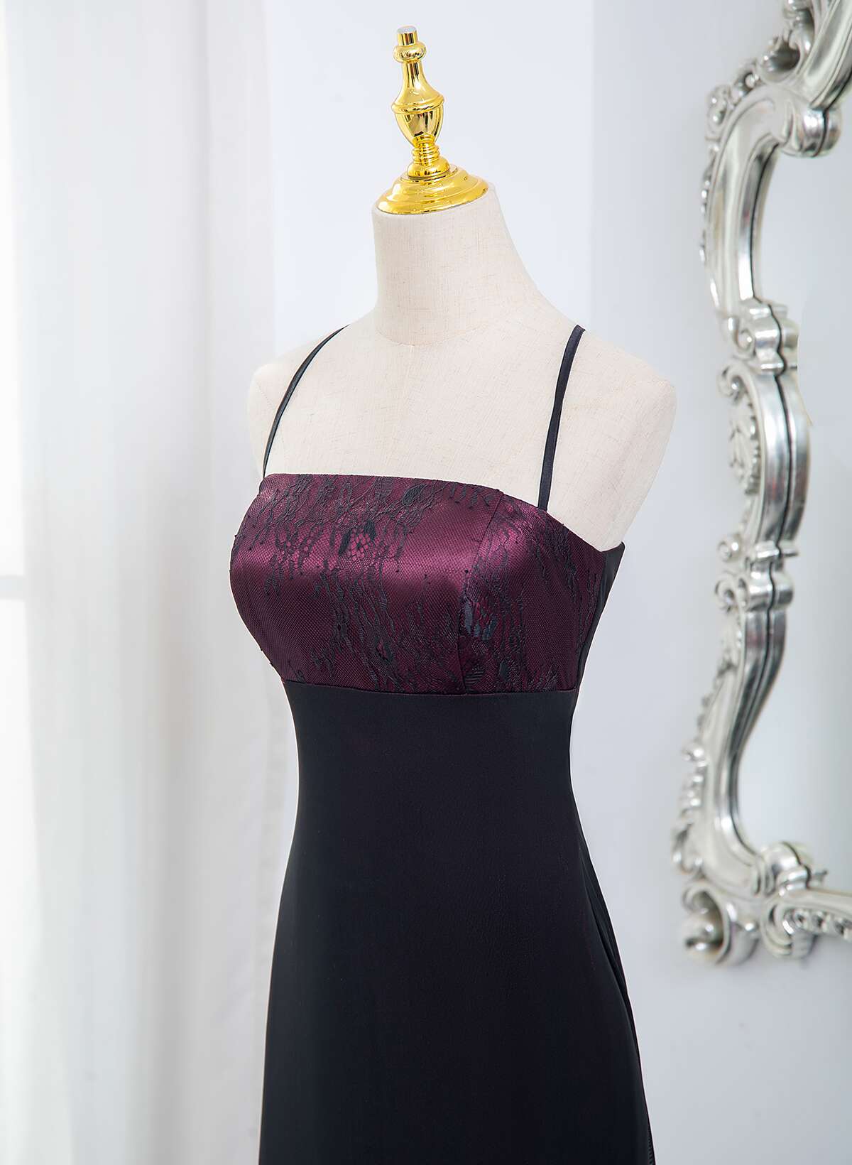Beautiful Straps Spandex And Lace Classy Evening Dress, Black And Burgundy Classy Prom Dress