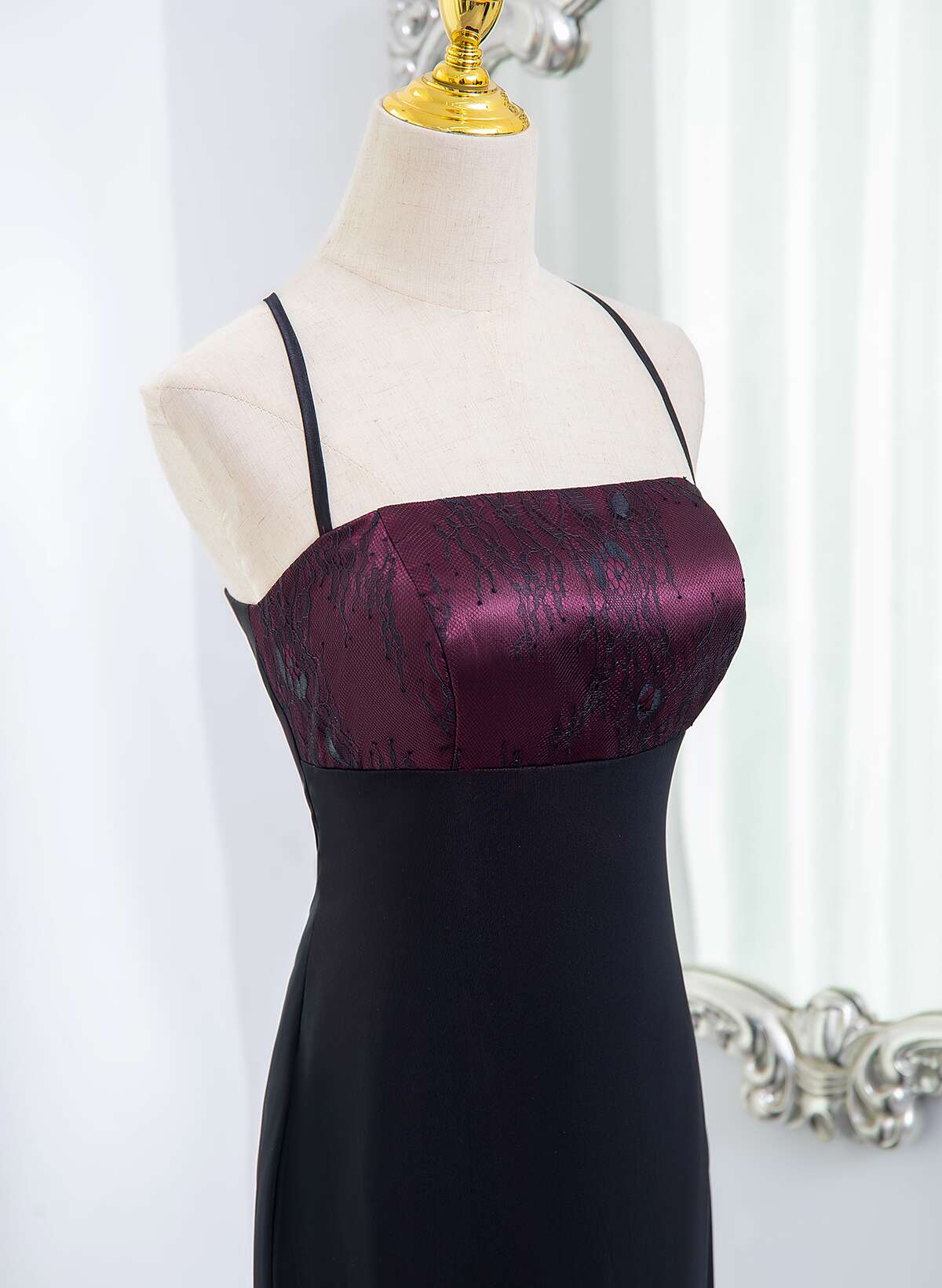 Beautiful Straps Spandex And Lace Classy Evening Dress, Black And Burgundy Classy Prom Dress