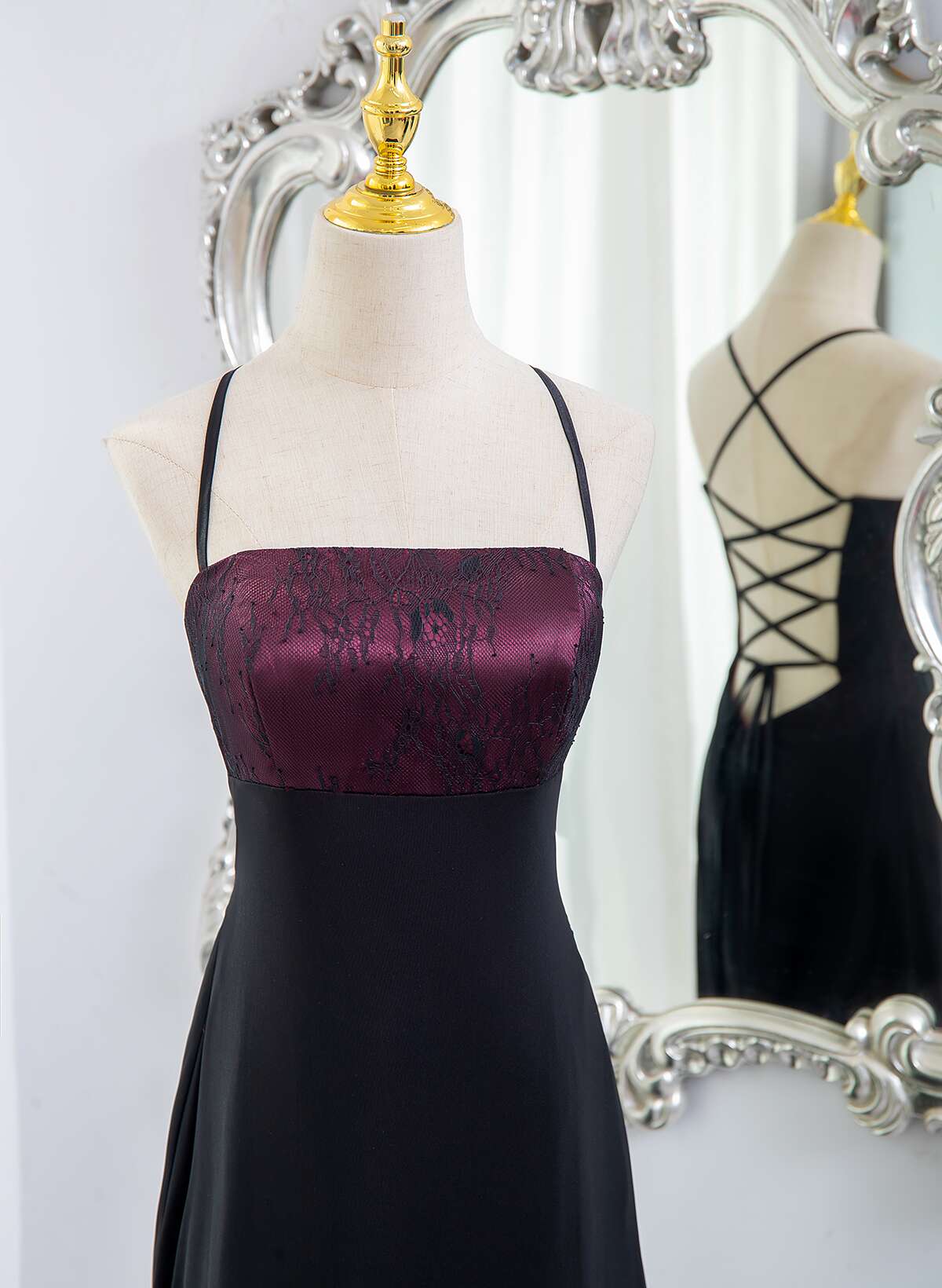Beautiful Straps Spandex And Lace Classy Evening Dress, Black And Burgundy Classy Prom Dress