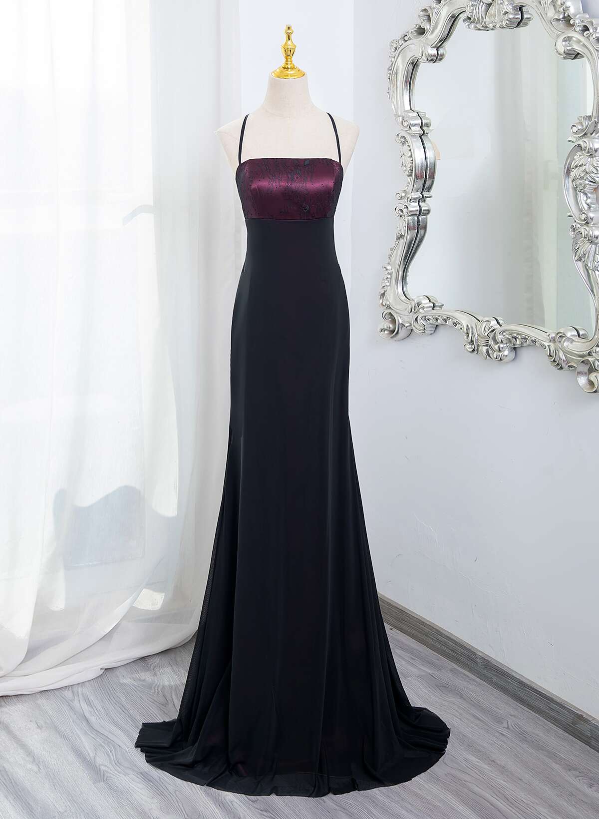 Beautiful Straps Spandex And Lace Classy Evening Dress, Black And Burgundy Classy Prom Dress Main image