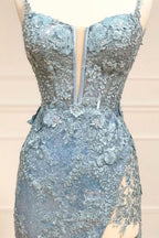 Beautiful Tiffany Blue Spaghetti Straps Tulle Applique Long Evening Prom Dress Sequined Evening Dress With Slits