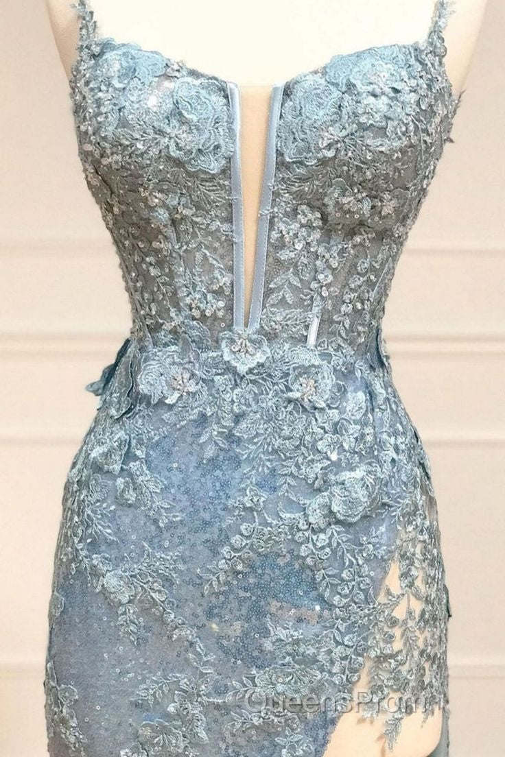 Beautiful Tiffany Blue Spaghetti Straps Tulle Applique Long Evening Prom Dress Sequined Evening Dress With Slits