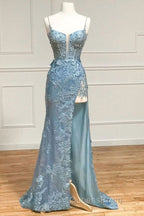 Beautiful Tiffany Blue Spaghetti Straps Tulle Applique Long Evening Prom Dress Sequined Evening Dress With Slits