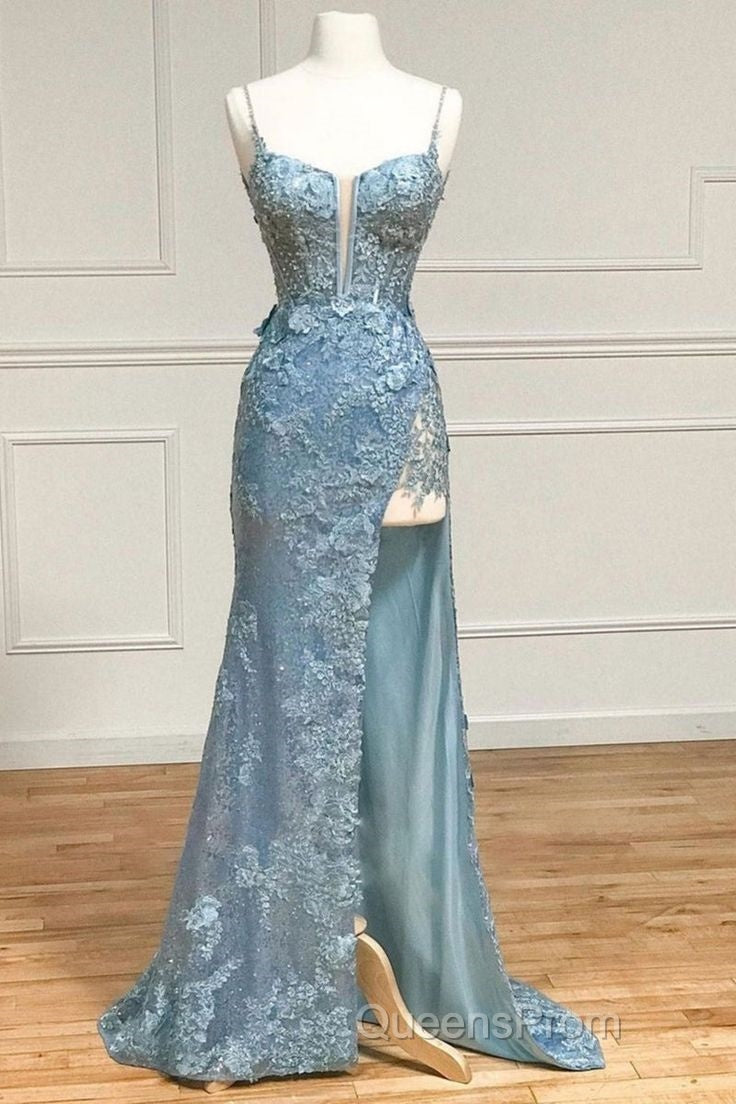 Beautiful Tiffany Blue Spaghetti Straps Tulle Applique Long Evening Prom Dress Sequined Evening Dress With Slits