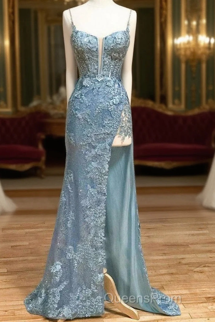 Beautiful Tiffany Blue Spaghetti Straps Tulle Applique Long Evening Prom Dress Sequined Evening Dress With Slits Main image
