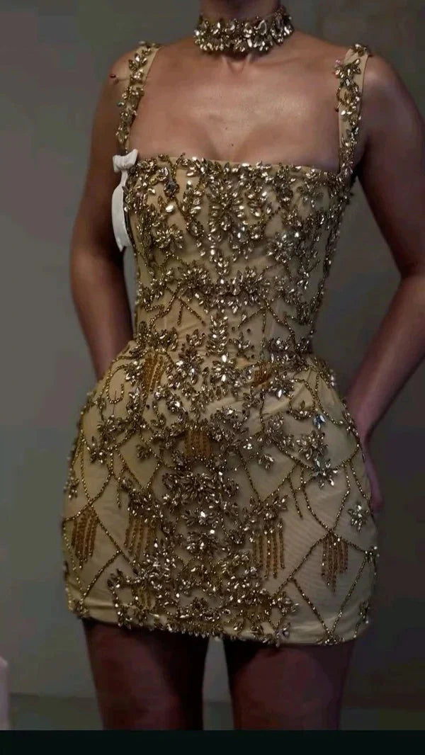 Beautiful Tight Square Neck Sleeveless Gold Short Classy 8Th Grade Homecoming Dress Summer Middle School Hoco Dress Homecoming Outfit Main image