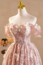 Beautiful Tulle Flower Knee Length Evening Prom Dress, Off the Shoulder Short Sleeve Evening Party Dress