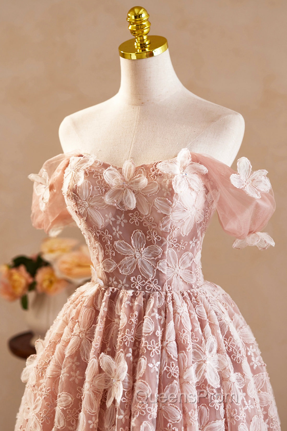 Beautiful Tulle Flower Knee Length Evening Prom Dress, Off the Shoulder Short Sleeve Evening Party Dress