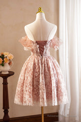 Beautiful Tulle Flower Knee Length Prom Dress, Off the Shoulder Short Sleeve Evening Party Dress