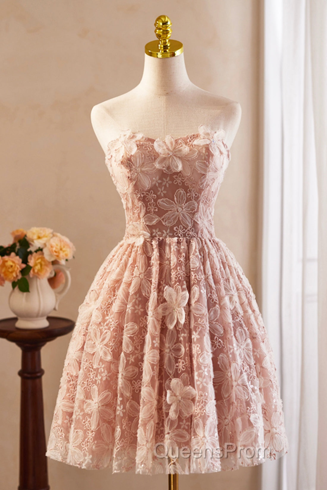 Beautiful Tulle Flower Knee Length Evening Prom Dress, Off the Shoulder Short Sleeve Evening Party Dress