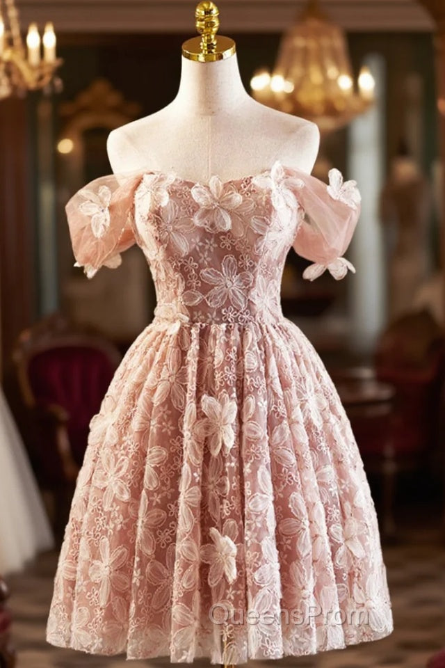 Beautiful Tulle Flower Knee Length Evening Prom Dress, Off the Shoulder Short Sleeve Evening Party Dress Main image