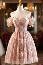 Beautiful Tulle Flower Knee Length Evening Prom Dress, Off the Shoulder Short Sleeve Evening Party Dress