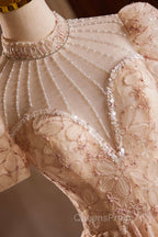 Beautiful Tulle Flower Tea Length Evening Prom Dress, Off the Shoulder Short Sleeve Evening Party Dress