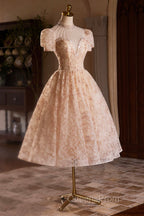 Beautiful Tulle Flower Tea Length Evening Prom Dress, Off the Shoulder Short Sleeve Evening Party Dress