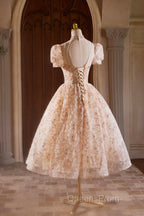 Beautiful Tulle Flower Tea Length Evening Prom Dress, Off the Shoulder Short Sleeve Evening Party Dress