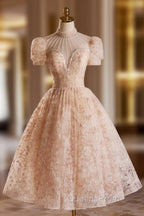 Beautiful Tulle Flower Tea Length Evening Prom Dress, Off the Shoulder Short Sleeve Evening Party Dress