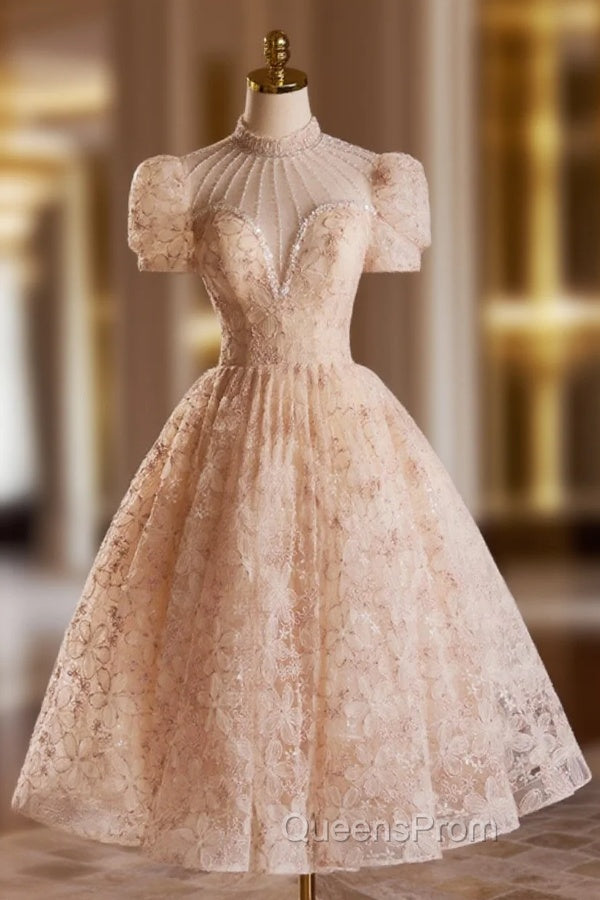 Beautiful Tulle Flower Tea Length Evening Prom Dress, Off the Shoulder Short Sleeve Evening Party Dress