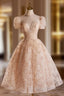 Beautiful Tulle Flower Tea Length Evening Prom Dress, Off the Shoulder Short Sleeve Evening Party Dress