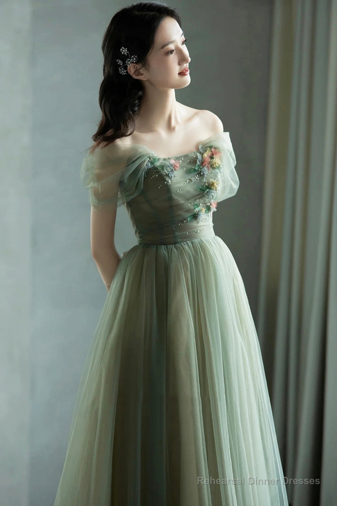 Beautiful Tulle Flowers Long Prom Dress, Green A-Line Formal Evening Dress