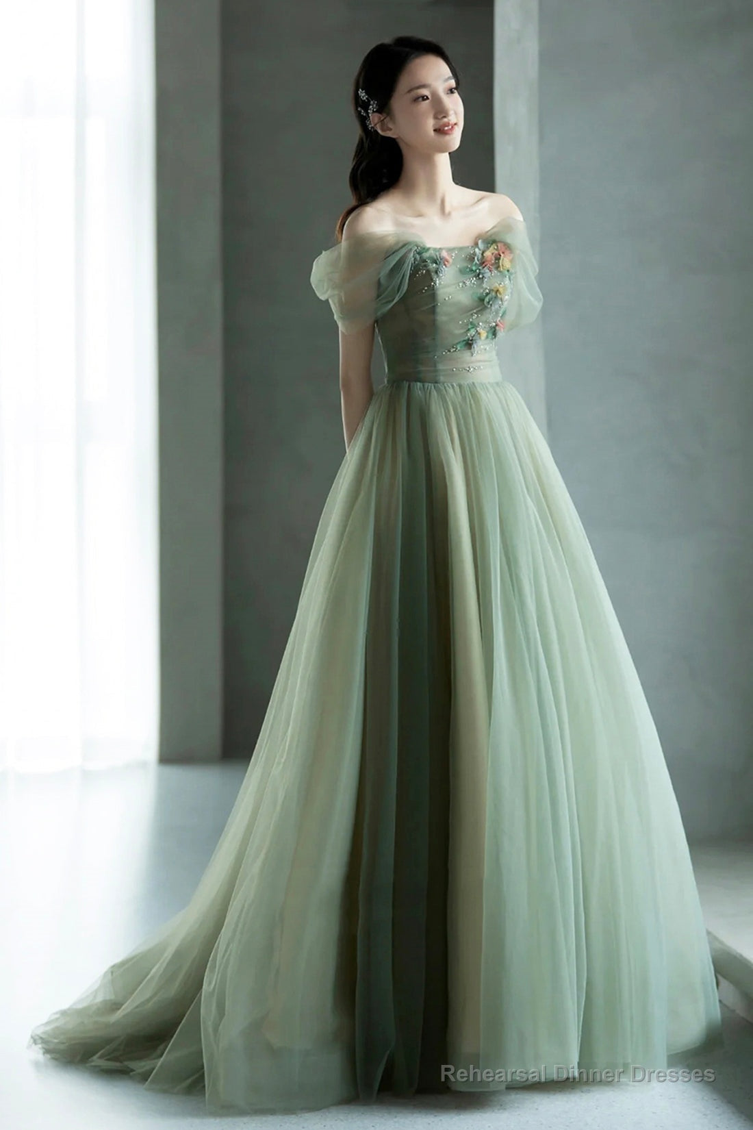 Beautiful Tulle Flowers Long Prom Dress, Green A-Line Formal Evening Dress Main image