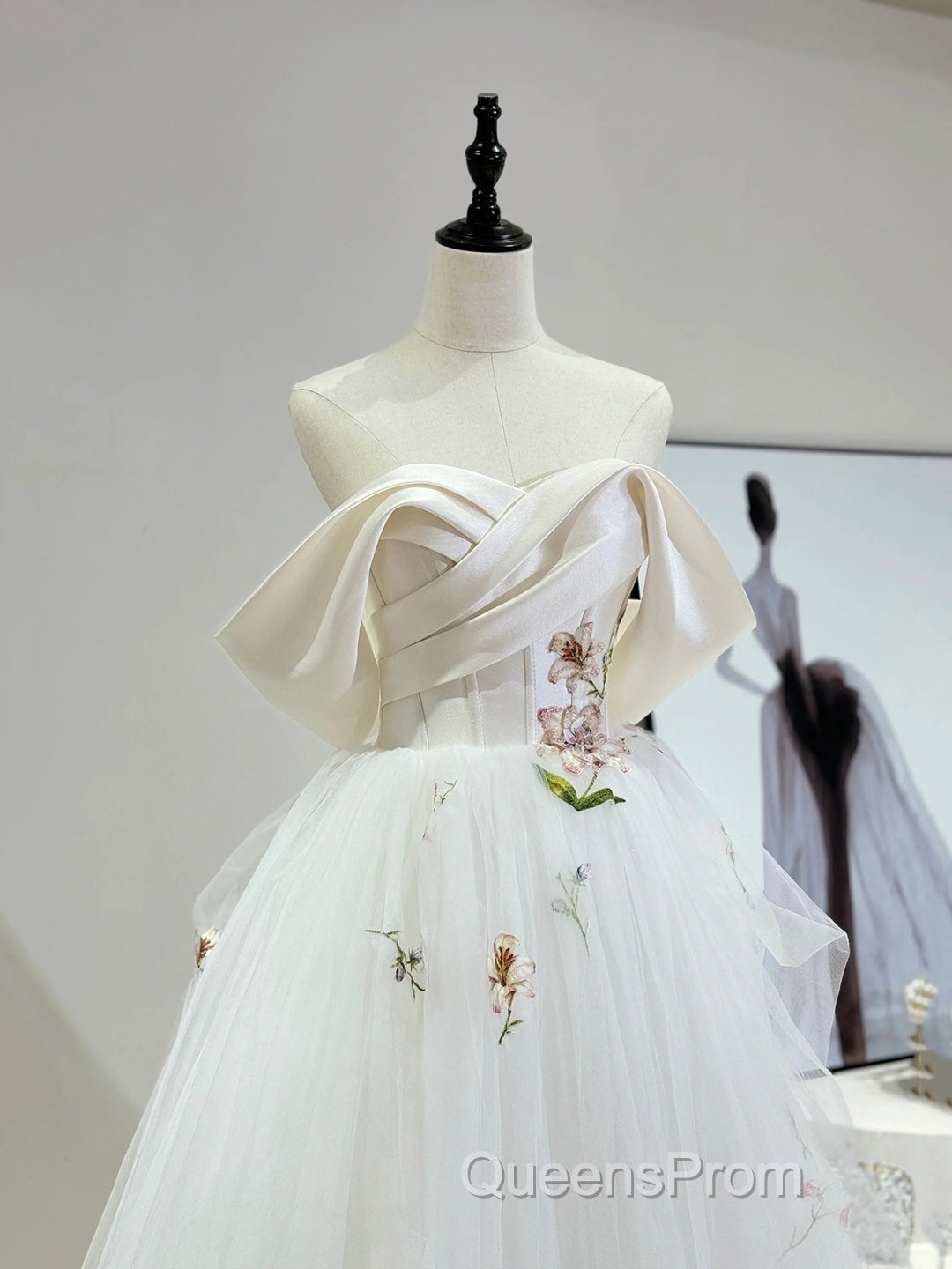 Beautiful Tulle Lace Long Evening Prom Dress, Off The Shoulder Evening Party Dress