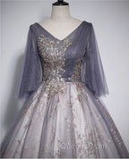 Beautiful Tulle V-neckline Long Evening Dress, Tulle Lace Applique Party Dress