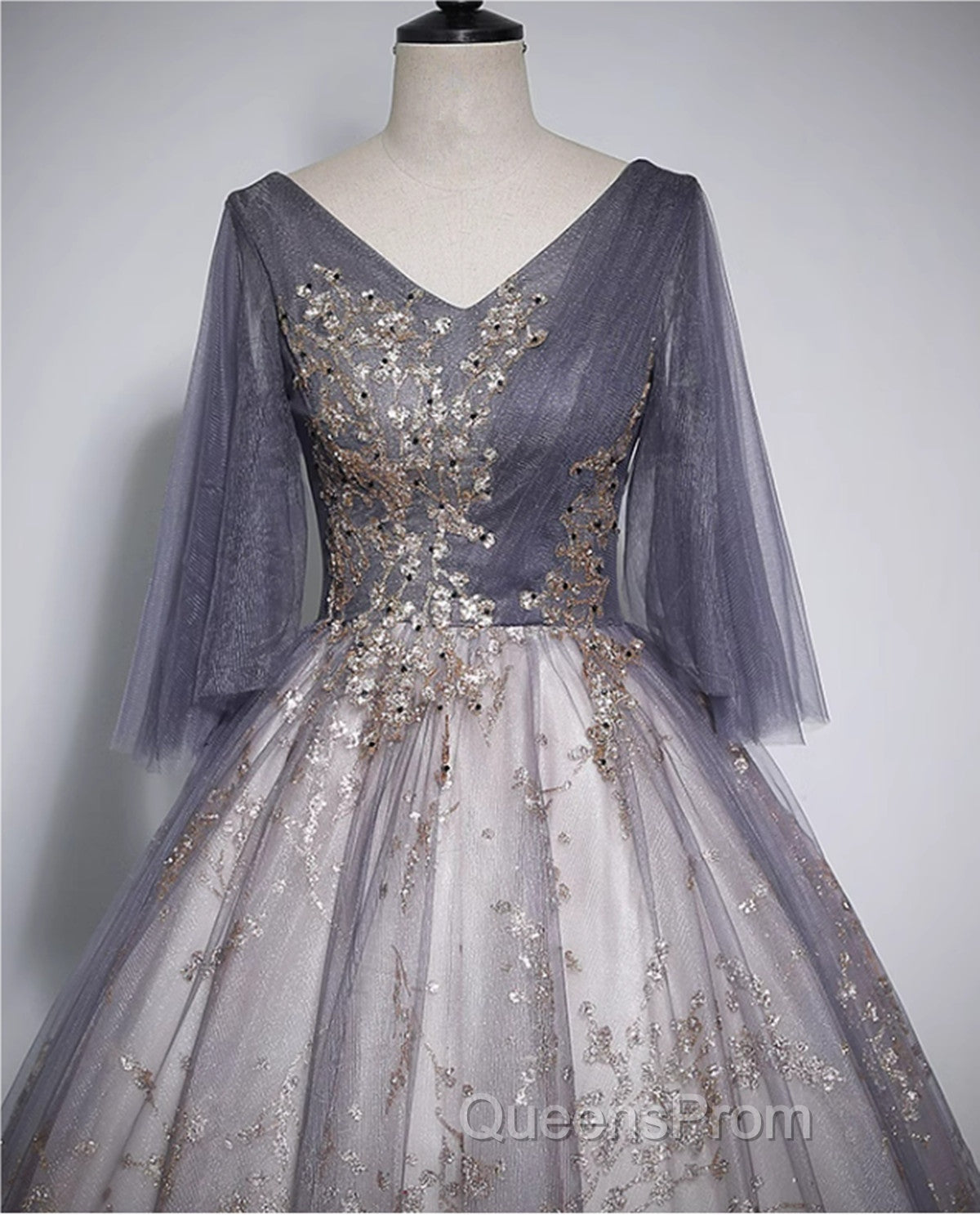 Beautiful Tulle V-neckline Long Evening Dress, Tulle Lace Applique Party Dress