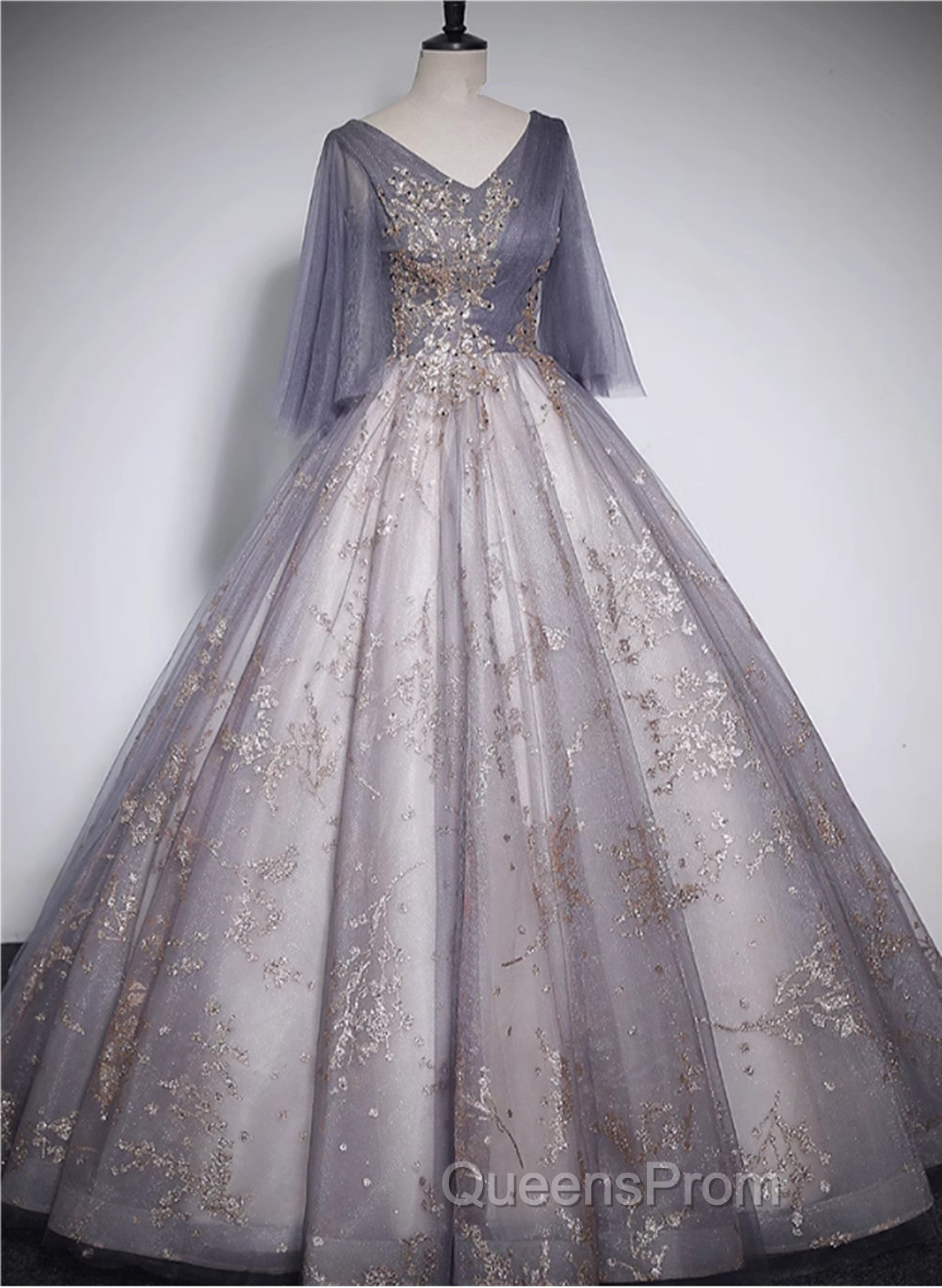 Beautiful Tulle V-neckline Long Evening Dress, Tulle Lace Applique Party Dress