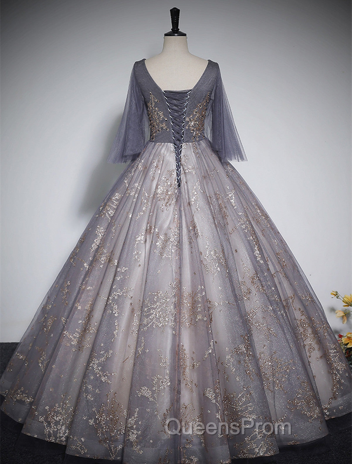 Beautiful Tulle V-neckline Long Evening Dress, Tulle Lace Applique Party Dress