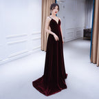 Beautiful V-Neckline Straps Wine Red Velvet Classy Prom Dress, Long Party Dress