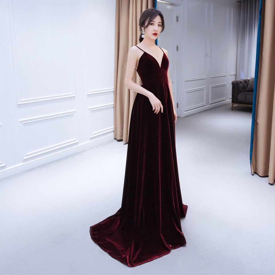 Beautiful V-Neckline Straps Wine Red Velvet Classy Prom Dress, Long Party Dress