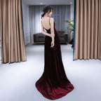 Beautiful V-Neckline Straps Wine Red Velvet Classy Prom Dress, Long Party Dress