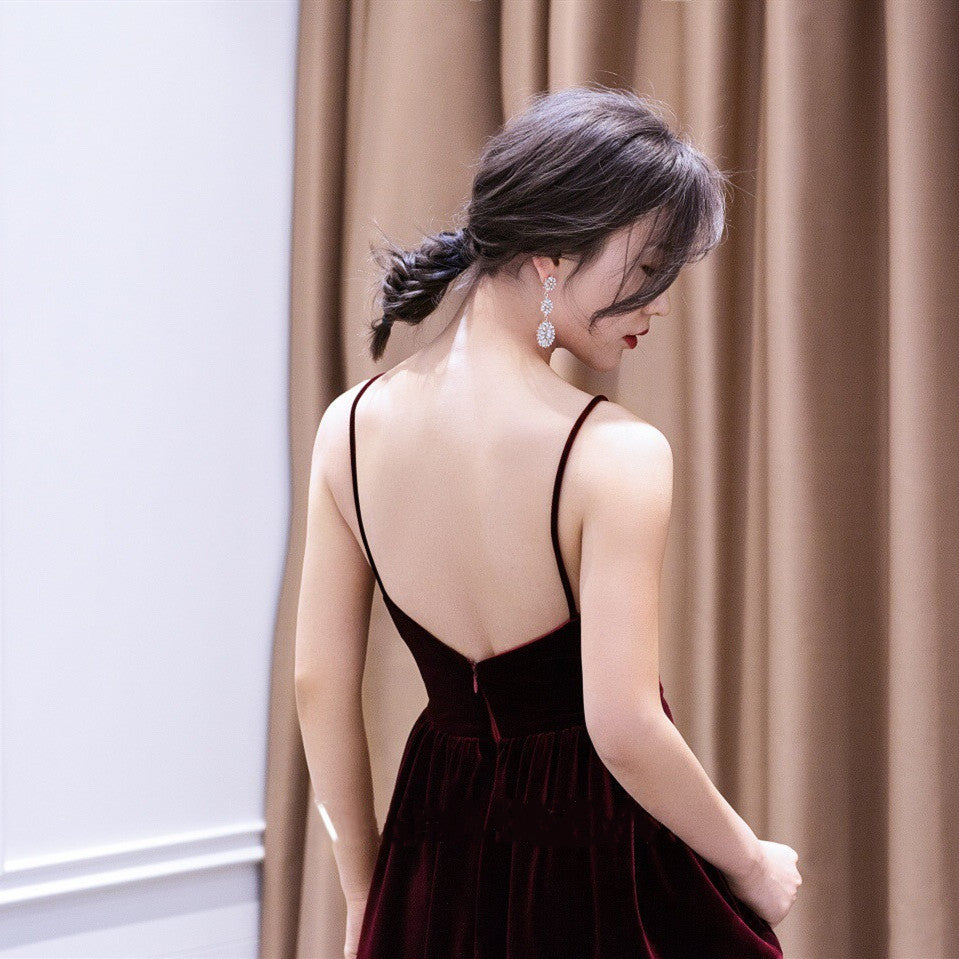 Beautiful V-Neckline Straps Wine Red Velvet Classy Prom Dress, Long Party Dress