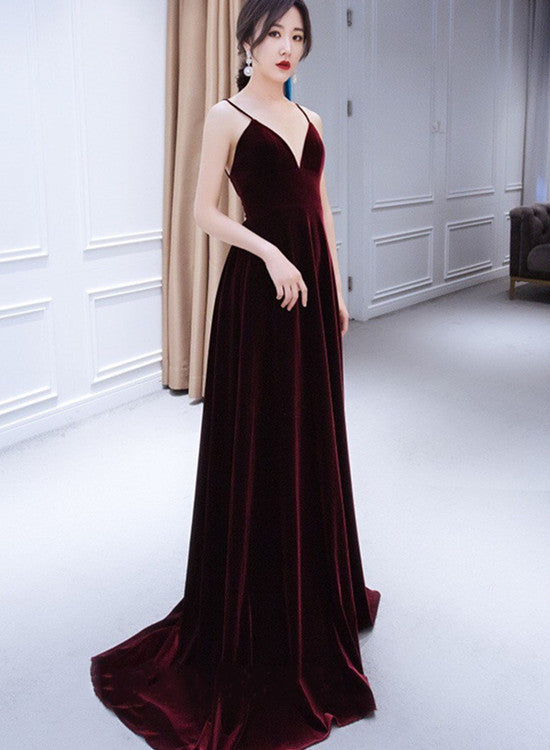 Beautiful V-Neckline Straps Wine Red Velvet Classy Prom Dress, Long Party Dress Main image
