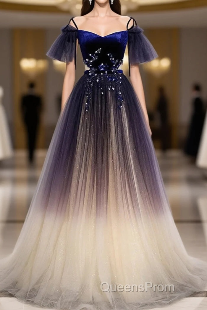 Beautiful Velvet And Gradient Tulle Long Party Dress, Straps Long Evening Gown Main image